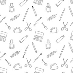 A simple school seamless pattern with artistic tools. Brush, marker, paint, palette,pencil. Drawing tools. Black white background with isolated hand-drawn doodle outline elements. Vector illustration