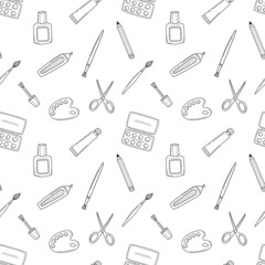 A simple school seamless pattern with artistic tools. Brush, marker, paint, palette,pencil. Drawing tools. Black white background with isolated hand-drawn doodle outline elements. Vector illustration