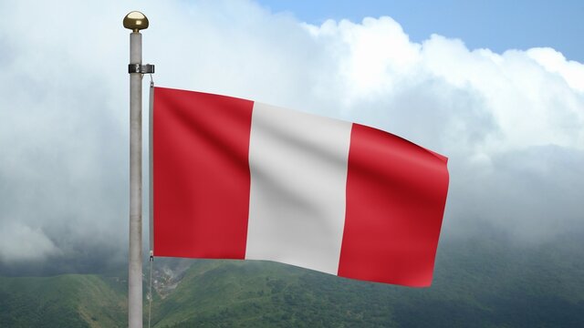 3D, Peruvian flag waving on wind. Close up of Peru banner blowing soft silk.