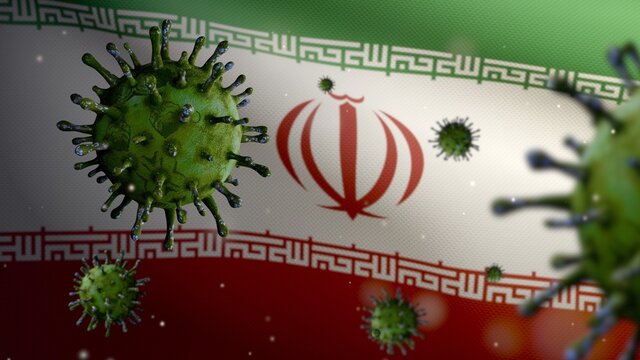 3D, Iranian Flag Waving With Coronavirus Outbreak. Iran Covid 19