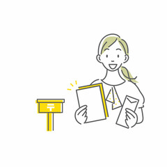 郵便で資料を受け取る女性　シンプルでお洒落な線画イラスト