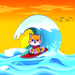 Dog on surfboard flat concept art design with orange sky with birds flying and sunset withblue ocean having waves