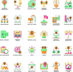 Financial Strategy color flat vector icon collection set