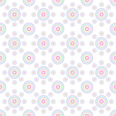 Abstract graphics seamless with rainbow colored overlapping circles  (big and small) pattern on a white background. Vector flat design creative for fabric, wrapping, textile, wallpaper, apparel