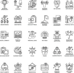 Outline Financial Strategy flat vector icon collection set