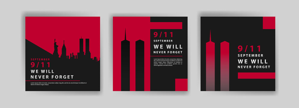 Social media post template to commemorate the September 11 attacks. Patriot day USA Never forget 9/11 poster.