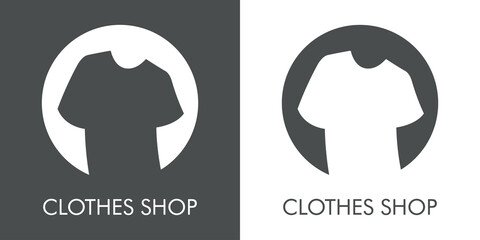 Logotipo con texto Clothes Shop con silueta de camiseta con forma de arco en círculo en fondo gris y fondo banco