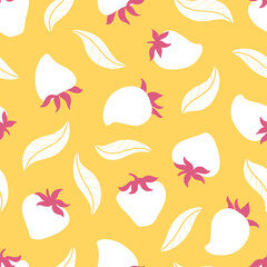 Strawberry polka dots seamless pattern with leaves. Trend vector background in simple hand drawn cartoon childish style. White berry on yellow. Ideal for textiles, packaging, baby clothes.