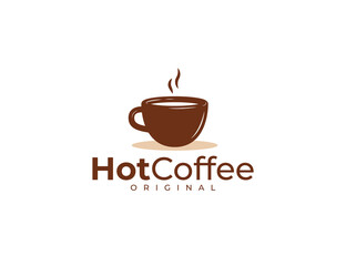Hot coffee logo design template with brown mug