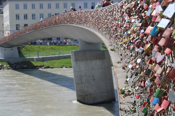 romatic bridge full of love locks in salzburg