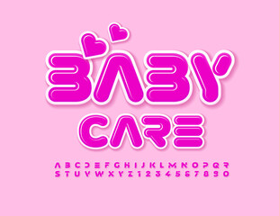 Vector cute emblem Baby Care with decorative Hearts. Funny Kids Font. Pink Alphabet Letters and Numbers set