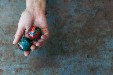 hands of senior adult woman excercising with chinese baoding balls for stress relief and deep...