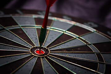 Close up shot of the dart arrow hit on bulleyes of dartboard to represent that the business reached...