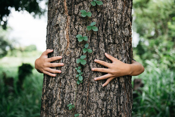 Close up of child hands hugging tree with copy space. Nature lover. Environmental activism concept