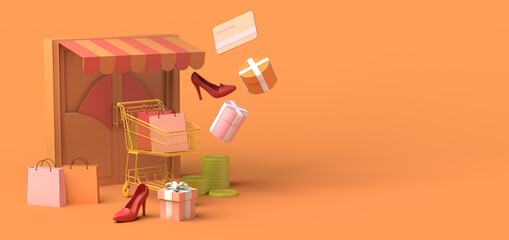 Minimalist concept of online store. Store door with shopping bags, shoes, gifts, credit card, coins and shopping cart. Copy space. 3D illustration. Online shopping.