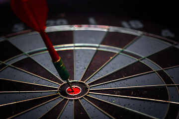 Close up shot of the dart arrow hit on bulleyes of dartboard to represent that the business reached...