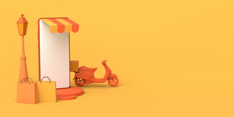 Online store concept via smartphone. Copy space. 3D illustration. Online shopping. 3D illustration. Copy space. Mockup.