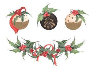Christmas collection of balls for a Christmas tree. Isolated on white background. Watercolor illustration.