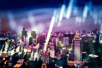 Abstract financial trading graphs and digital number of foreign exchange market trading on monitor. Background of gold and blue digital chart to represent stock market trend.	