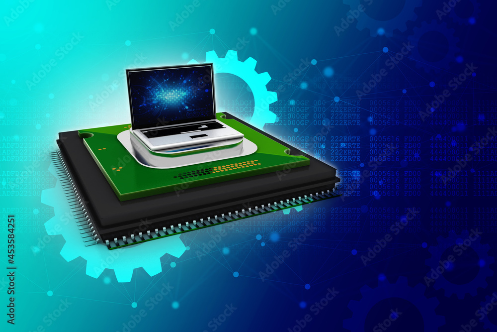 Poster 3d render laptop computer with microchips