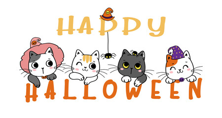 Obraz na płótnie Canvas Cute funny kitten cat face head on halloween banner, Happy halloween costume cartoon doodle outline flat vector illustration
