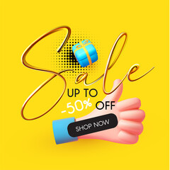 3D Sale gold design with thumbs up sign and gift boxes. Special offer render space.