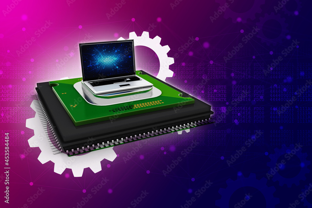 Poster 3d render laptop computer with microchips