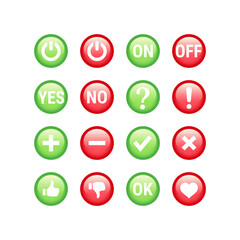 Colorful red and green yes and no button set. Tick, checkmark, ok, like shiny or glossy buttons.