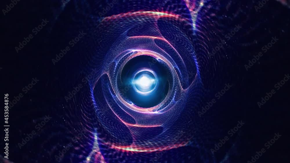 Poster abstract radiating glow red blue wire mesh vortex tunnel with center optical flare light flicker. 4k