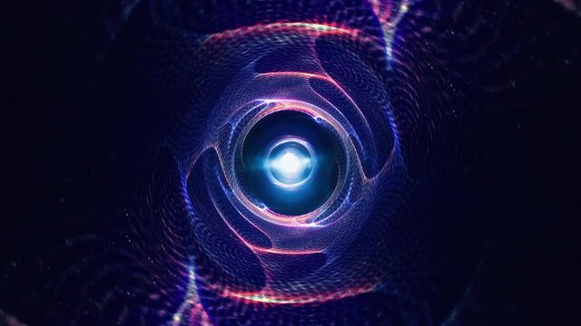 Abstract radiating glow red blue wire mesh vortex tunnel with center optical flare light flicker. 4K 3D rendering futuristic mesh tunnel vj seamless loop. Fly through sci-fi matrix shining rotating tu