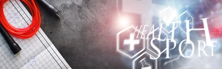 Jump rope. Physical education. Sports exercise equipment. Rope exercises routine. Pink jump rope phone with a stopwatch and water on the table.