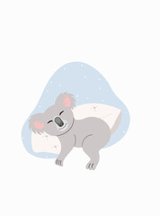 Children's illustration of a sleeping koala. Koala sleeps on a pillow. Gray koala