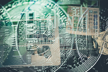 Abstract financial trading graphs and digital number of foreign exchange market trading on monitor. Background of gold and blue digital chart to represent stock market trend.	