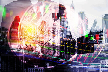 Abstract financial trading graphs and digital number of foreign exchange market trading on monitor. Background of gold and blue digital chart to represent stock market trend.	