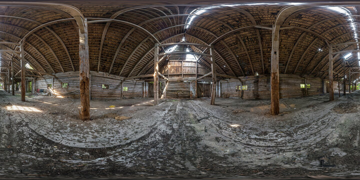 360 hdr panorama inside abandoned ruined wooden decaying hangar with rotting columns or old building. full seamless spherical hdri panorama in equirectangular projection, AR VR virtual reality content