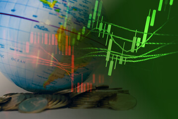 Candlestick chart in financial stock market on digital number background. Forex trading graphic design and Stock market trading trend as concept.	