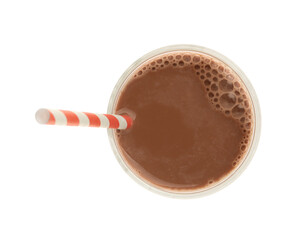 Delicious chocolate milk in glass isolated on white, top view