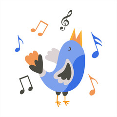 The blue bird sings a melody, notes around. Cute little singing bird. Flat clip-art illustration