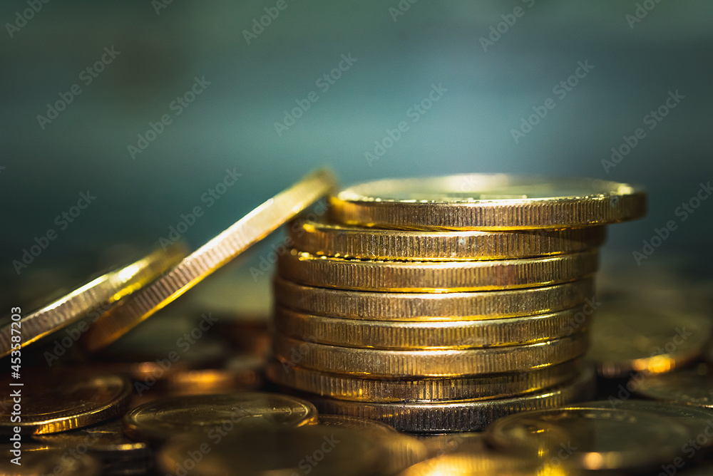 Poster gold coins stacks is representing riches and wealth management. coin stack growing and find out the 
