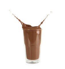 Tasty chocolate milk splashing out of glass isolated on white