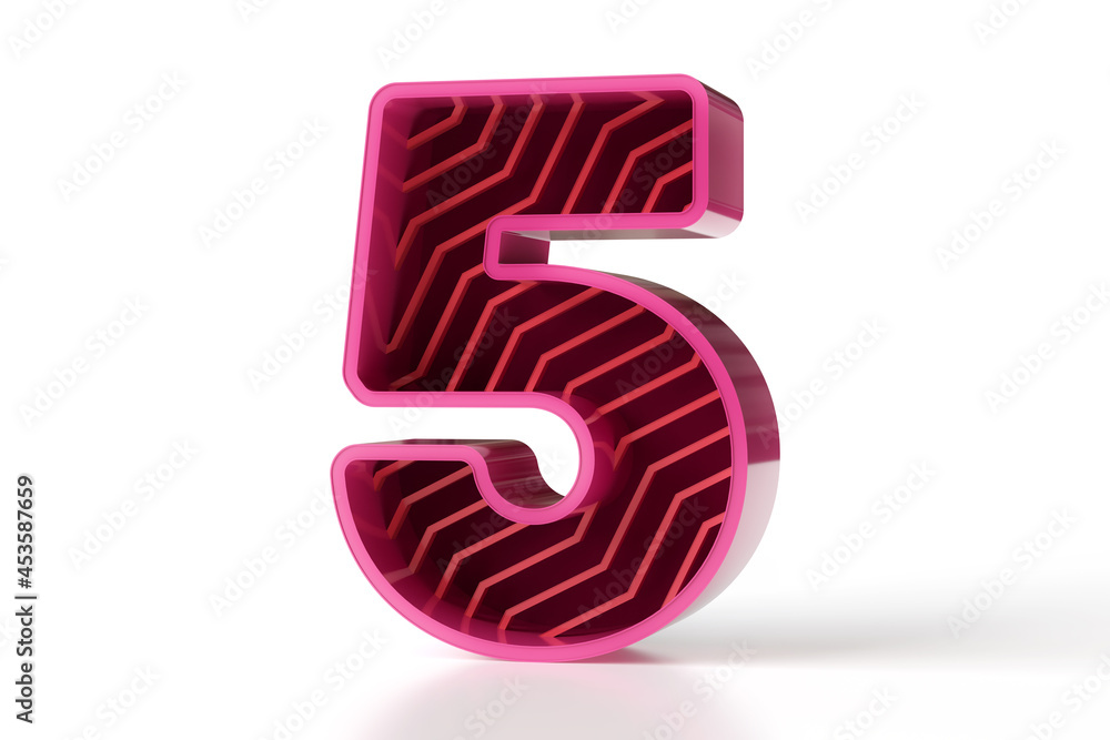 Poster creative 3d number 5 in perspective view. magenta and reddish shiny tones font set. high quality 3d 