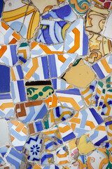 Close up of mosaics in the Terrace, Park Güell, Barcelona, Spain