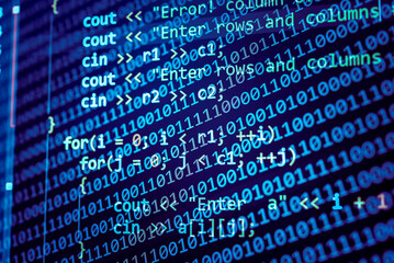 Abstract background of digital binary code of software. Programming software code on computer screen which develop by the programmer to solve the business requirement.