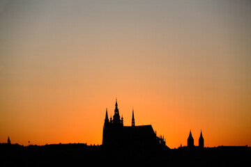 Fototapeta na wymiar Silhouette of Saint Vitus Cathedral at sunset, Prague, Czech Republic