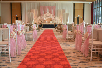 luxury wedding rom banquet sit down muslim buffet party catering with flower decoration fusion halal menu at beautiful hotel restaurant vip ballroom