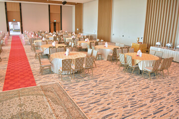 luxury wedding rom banquet sit down muslim buffet party catering with flower decoration fusion halal menu at beautiful hotel restaurant vip ballroom