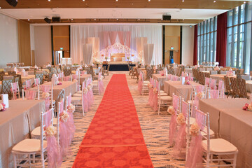 luxury wedding rom banquet sit down muslim buffet party catering with flower decoration fusion halal menu at beautiful hotel restaurant vip ballroom