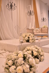 luxury wedding rom banquet sit down muslim buffet party catering with flower decoration fusion halal menu at beautiful hotel restaurant vip ballroom