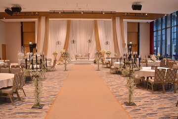 luxury wedding rom banquet sit down muslim buffet party catering with flower decoration fusion halal menu at beautiful hotel restaurant vip ballroom