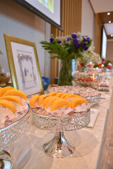 luxury wedding rom banquet sit down muslim buffet party catering with flower decoration fusion halal menu at beautiful hotel restaurant vip ballroom